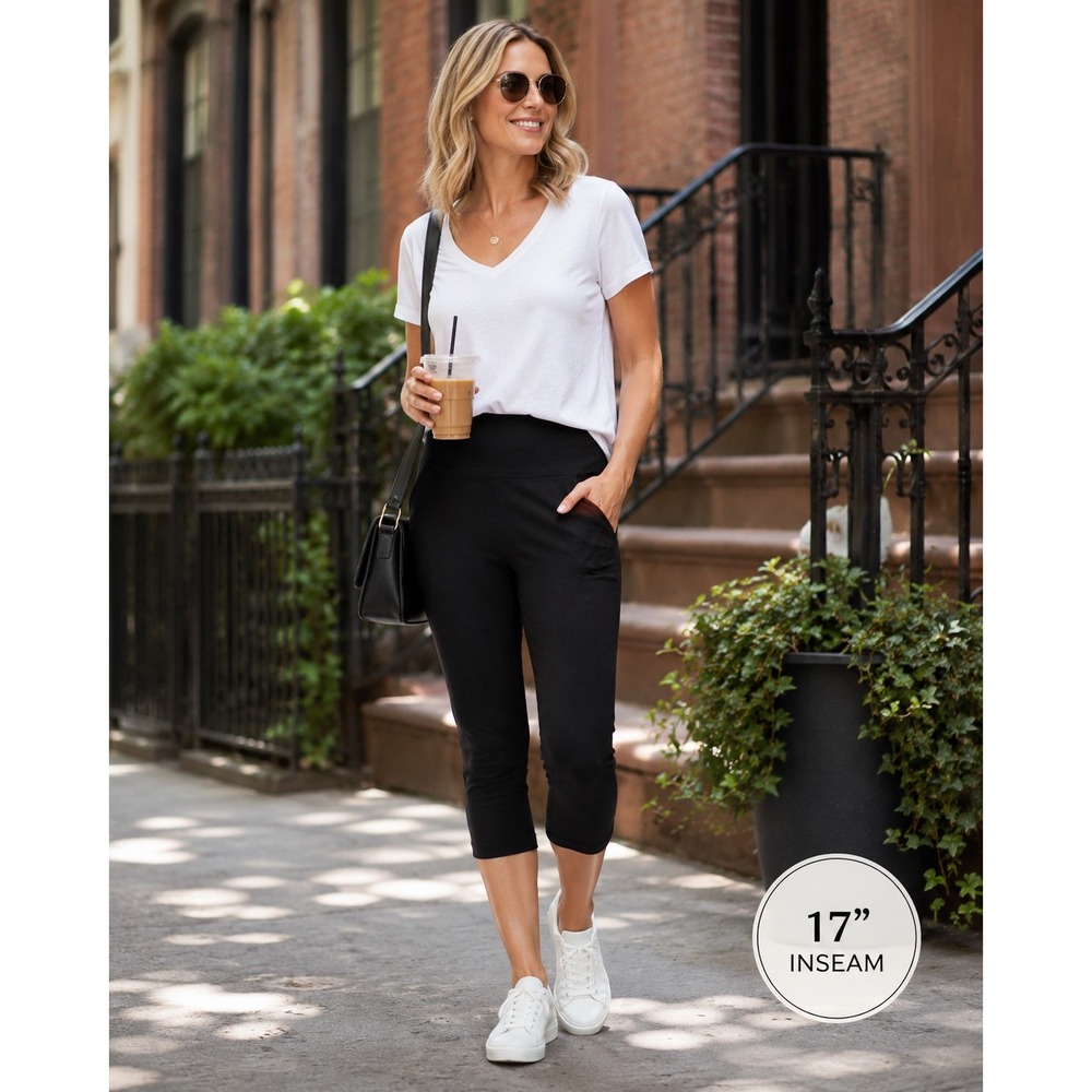 T by Talbots Legging Capri Petite S Black Pull On Stretch Pocket Athleisure 17"